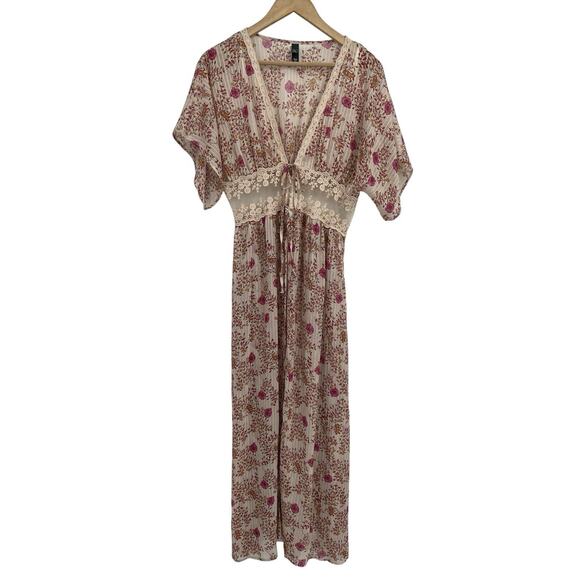 Alya Pink Floral Lace Tie Front Robe Coverup S/M - Picture 1 of 5